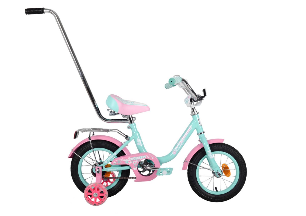 Велосипед Black Aqua Princess 12; 1s, с ручкой KG1202 со светящимися колесами, мятный-розовый